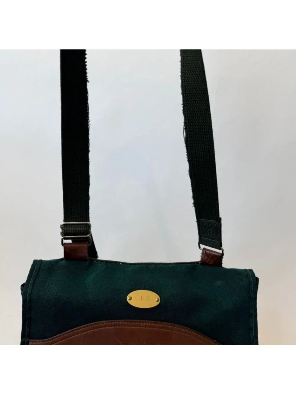 Orvis Vintage Leather Canvas Messenger Bag Green Brown Crossbody Satchel